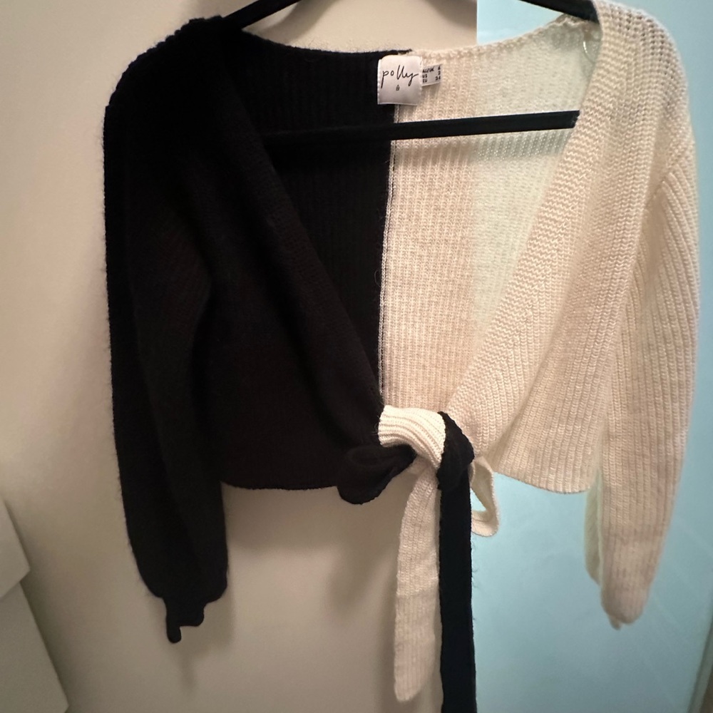 Women's Black and White Wrap Sweater